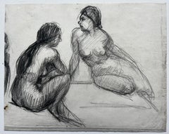 Mid Century French School Two Seated Nude Figures Life Study Drawing