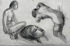 Mid Century French School Nude Figure and Head Study Drawing