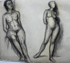Mid Century French School Two Standing Nude Figure Study Drawing