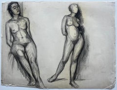 Mid Century French School Two Standing Nude Figure Study Drawing