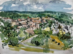Provence Hilltop Village Landscape Watercolor Gouache Pierre Neveu