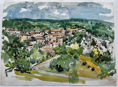 Provence Hilltop Village Landscape Watercolor Gouache Pierre Neveu