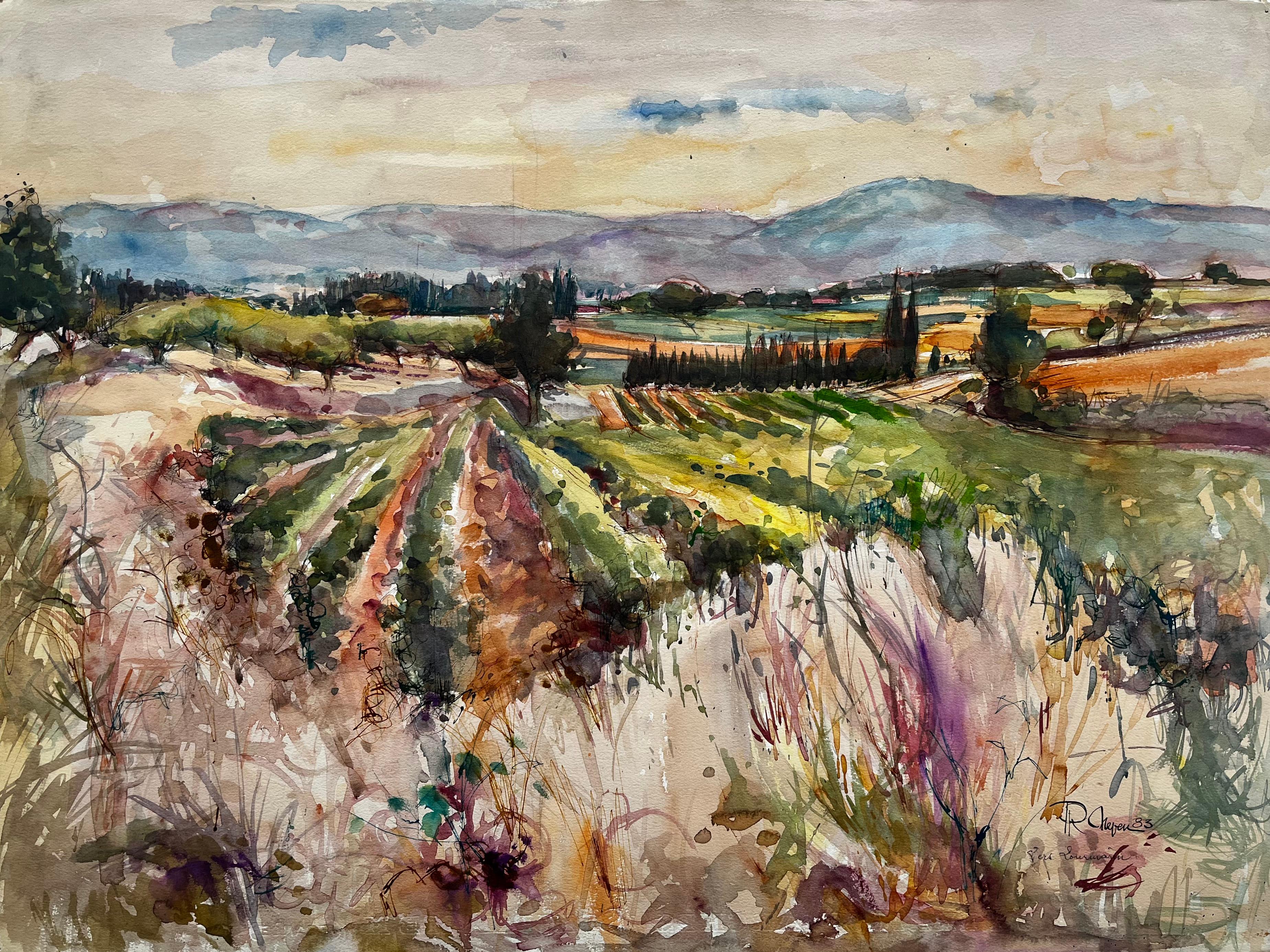 Provence Weinberg Landschaft Aquarell Gouache Pierre Neveu 1983