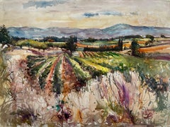 Paesaggio di vigneti in Provenza Acquerello Gouache Pierre Neveu 1983