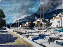 Menton Harbor French Riviera Watercolor Gouache Pierre Neveu