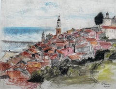 Menton French Riviera Rooftops Seascape Pastel Pierre Neveu