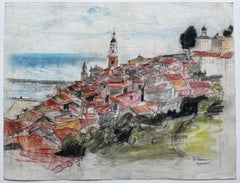 Menton French Riviera Rooftops Seascape Pastel Pierre Neveu