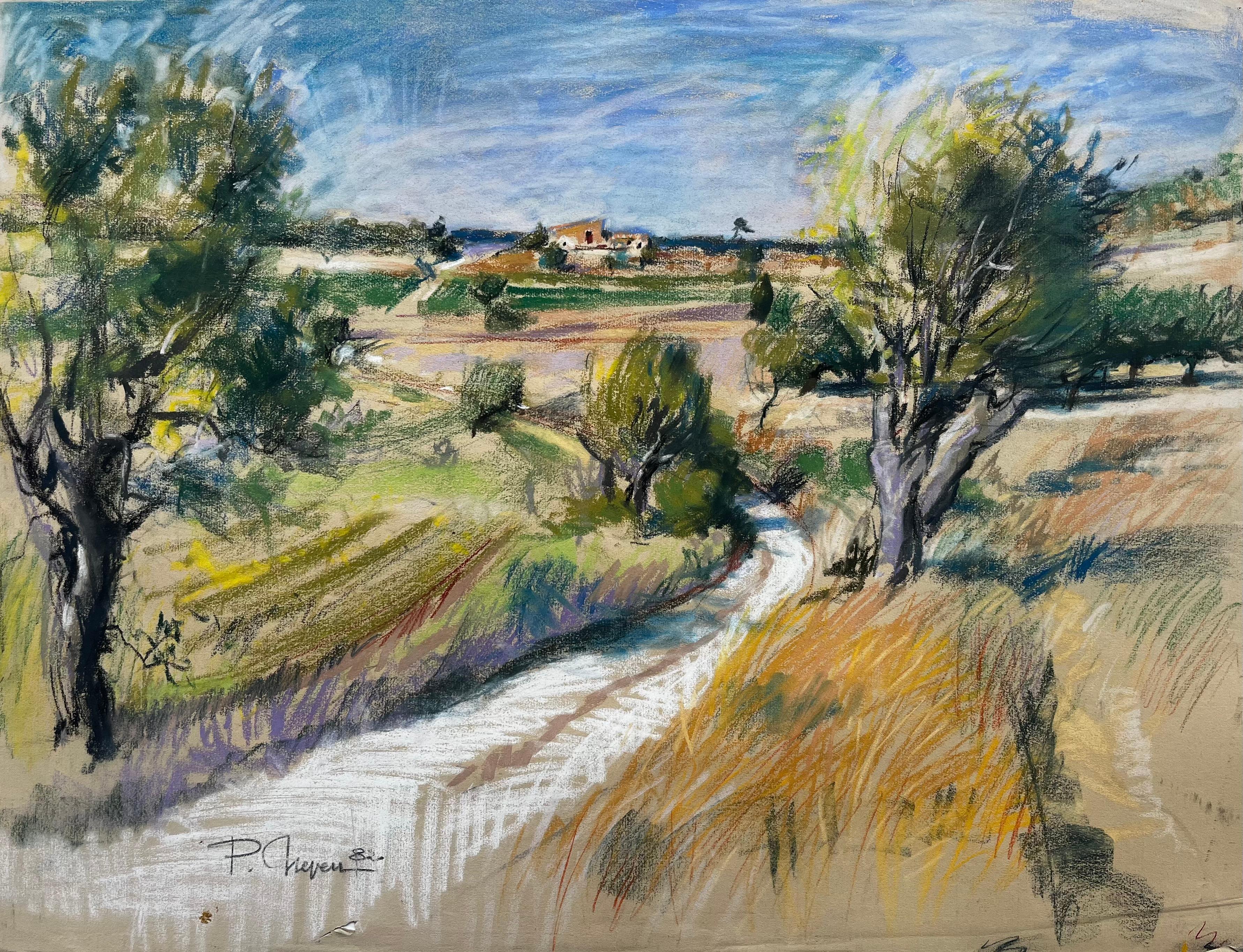Title: Provence Countryside Olive Trees Pastel Landscape Pierre Neveu
Artist: Pierre Neveu (French b.1929)
Medium: Pastel on thick paper, unframed
Size (H x W): 19.75 x 25.75 inches
Signed lower left 'P Neveu 82'
Condition: Fair to good overall