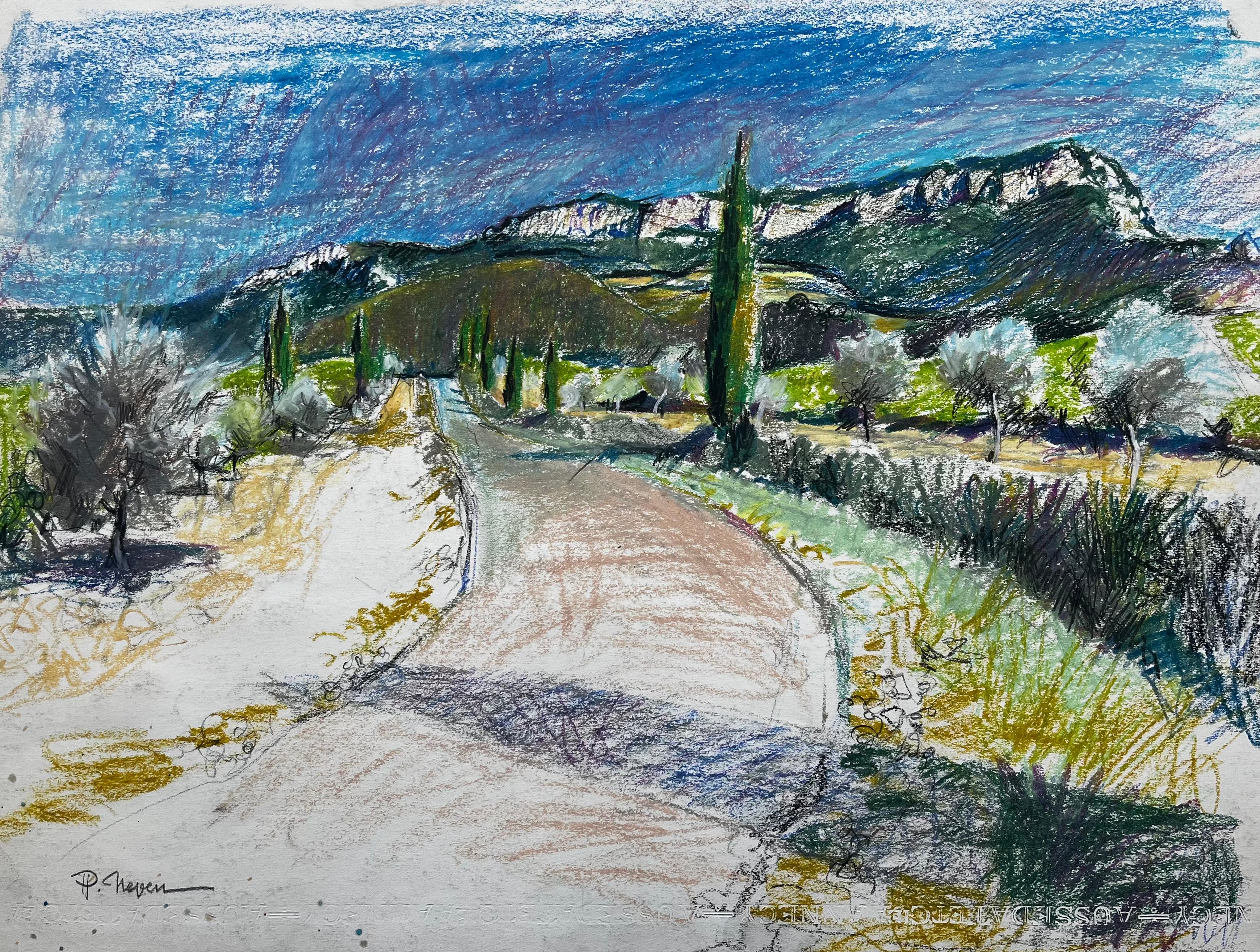 Title: Provence Road with Cypress and Mountain Pastel Pierre Neveu
Artist: Pierre Neveu (French b.1929)
Medium: Pastel on paper, unframed
Size (H x W): 19.75 x 25.75 inches
Signed lower left 'P Neveu'
Condition: Good condition. Visible pastel