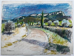Provence Road with Cypress and Mountain Pastel Pierre Neveu