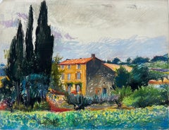 Casa provenzal con cipreses Pastel Pierre Neveu 1982