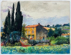 Casa provenzal con cipreses Pastel Pierre Neveu 1982