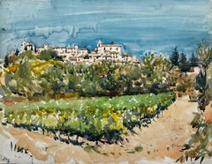 Provence Hilltop Village Vineyard Watercolour Pierre Neveu