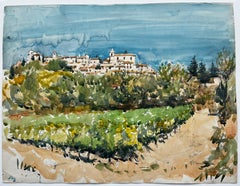 Provence Hilltop Village Vineyard Watercolour Pierre Neveu