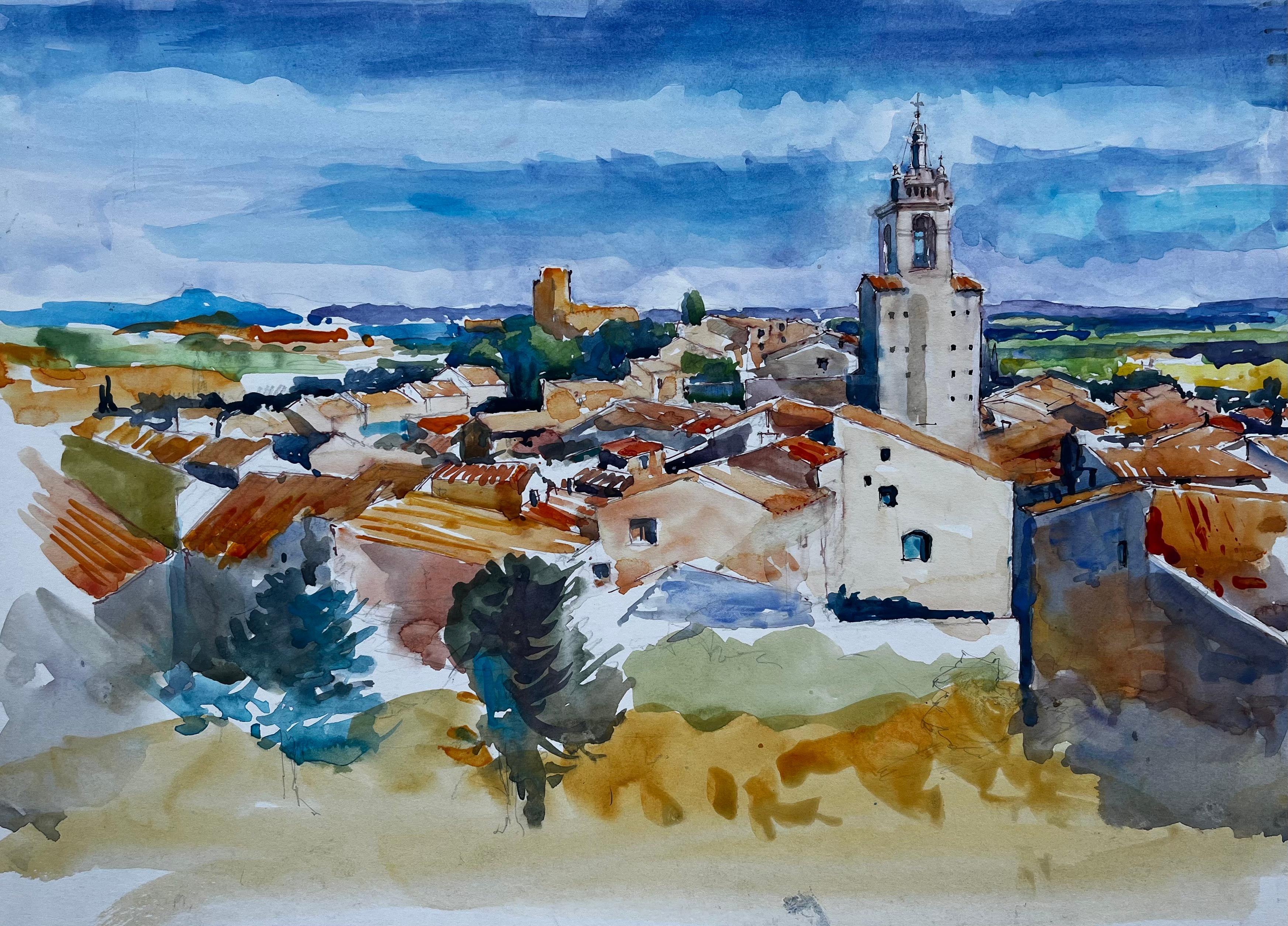 Provence Village Rooftops Church Tower Landscape Watercolour