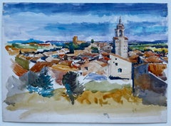 Provence Village Toits Church's Tour Paysage Aquarelle