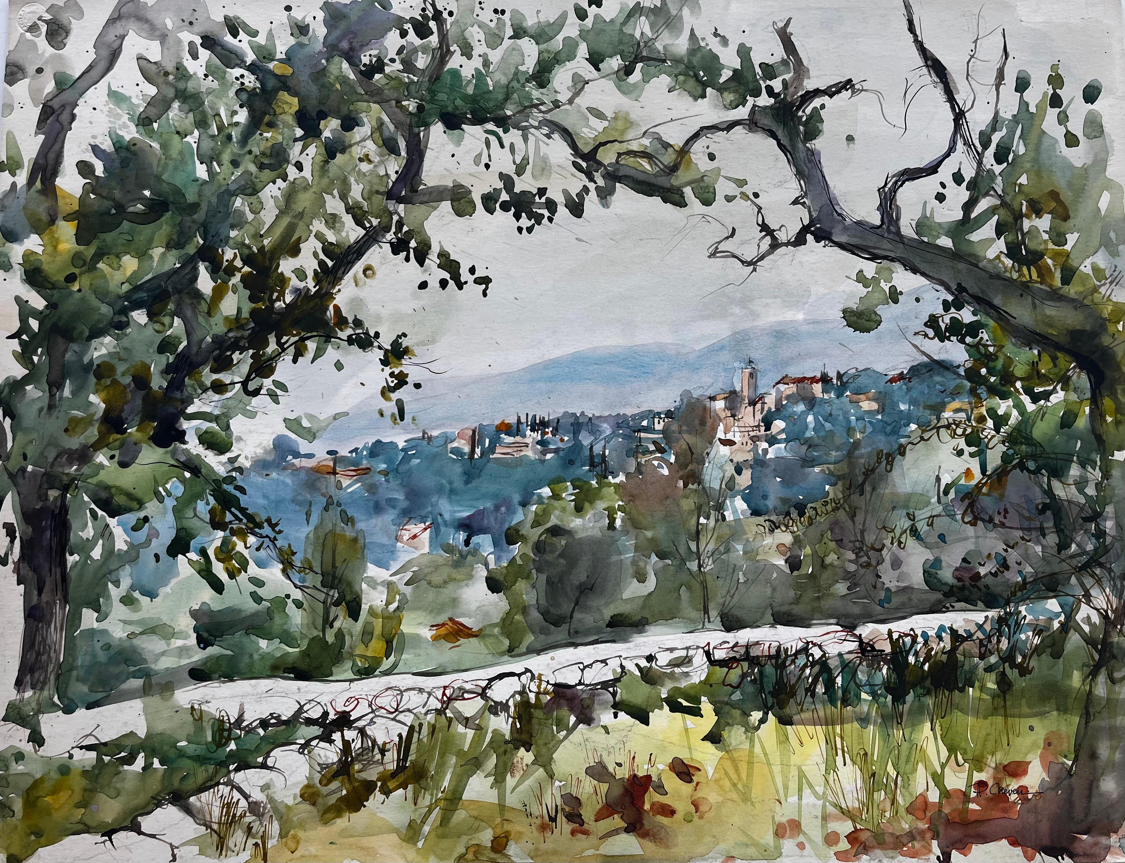 Provence Hilltop Village Olive Trees Landscape Watercolour