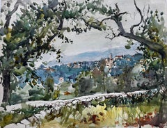 Provence Hilltop Village Olive Trees Landscape Watercolour