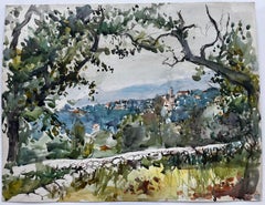 Provence Hilltop Village Olive Trees Landscape Watercolour