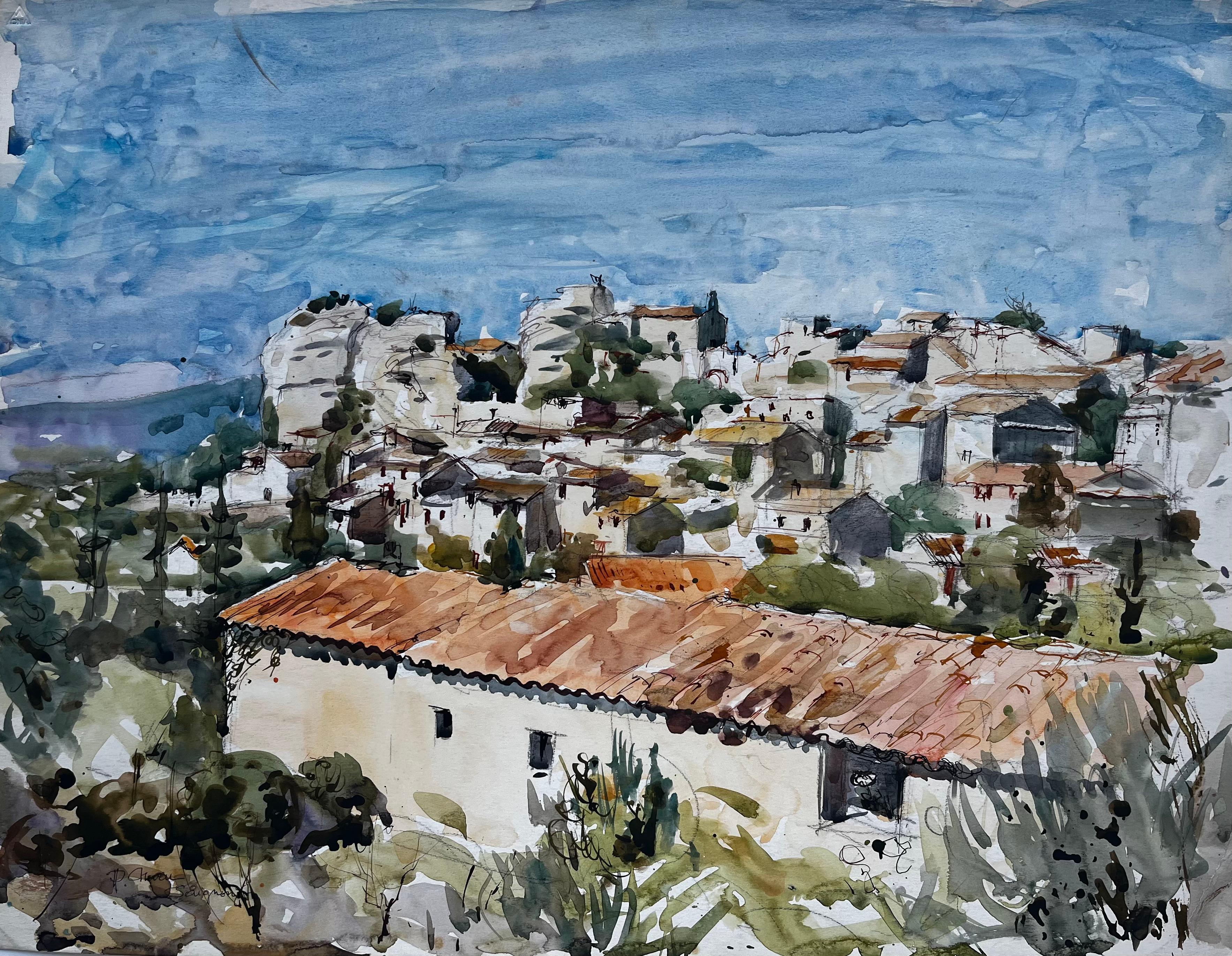Landscape Art de Pierre Neveu - Saignon Provenza Paisaje de tejados de pueblo Acuarela