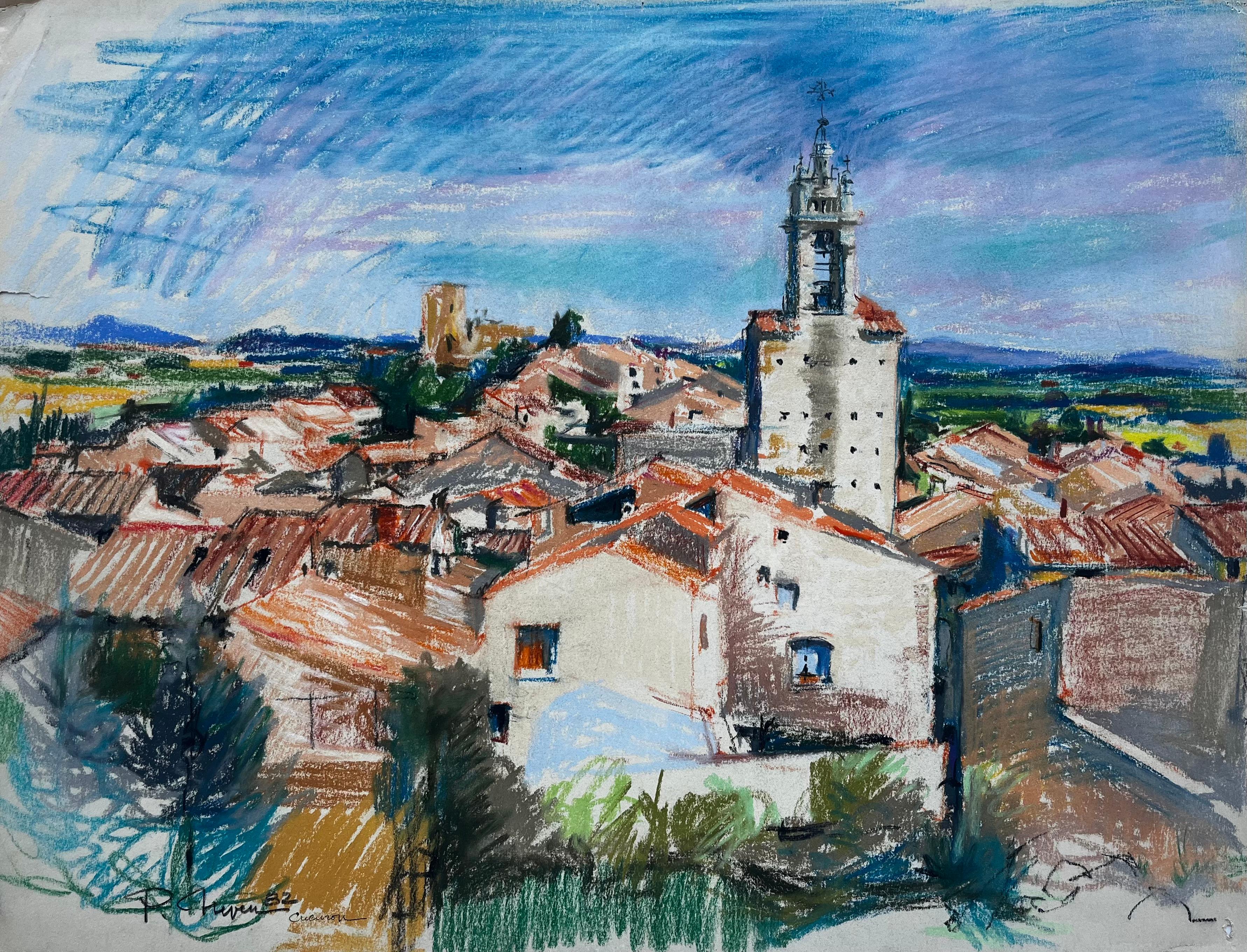 Cucuron Provence Village Landscape Pastel Drawing Pierre Neveu