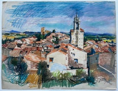 Cucuron Provence Village Landscape Pastel Drawing Pierre Neveu