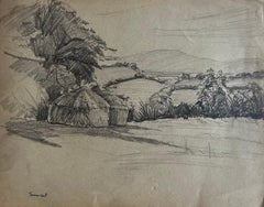 Somerset Countryside Haystacks Trees Landscape Pencil Drawing
