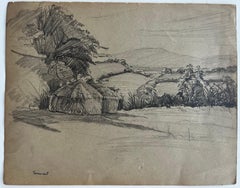 Somerset Countryside Haystacks Trees Landscape Pencil Drawing