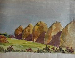 English Haystacks Landscape Watercolour Rural Countryside Painting