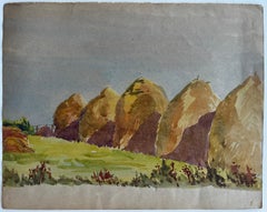 English Haystacks Landscape Watercolour Rural Countryside Painting