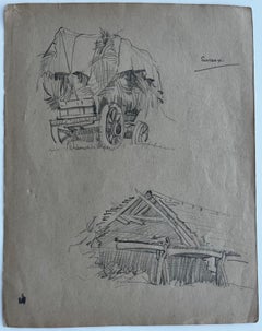 Sussex Farm Wagon Hay Cart Rural Pencil Drawing Landscape