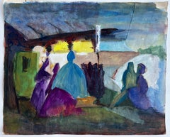 Modernist Interior Figures Veranda Scene Gouache Painting