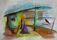 Modernist Coastal Interior Figures Abstract Gouache Painting