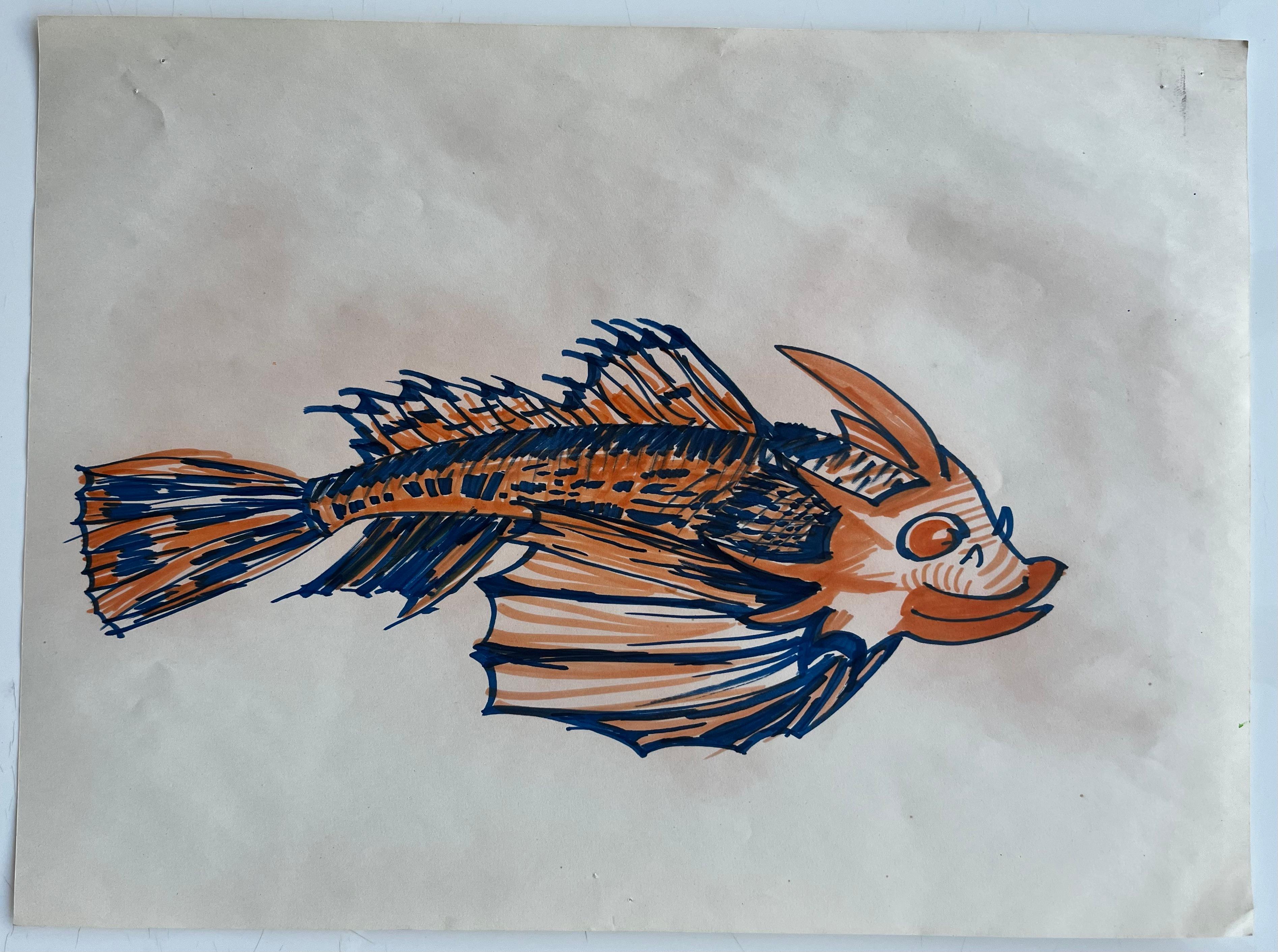 Unknown - Vintage Fish Illustration Marker Drawing Blue Orange Marine ...
