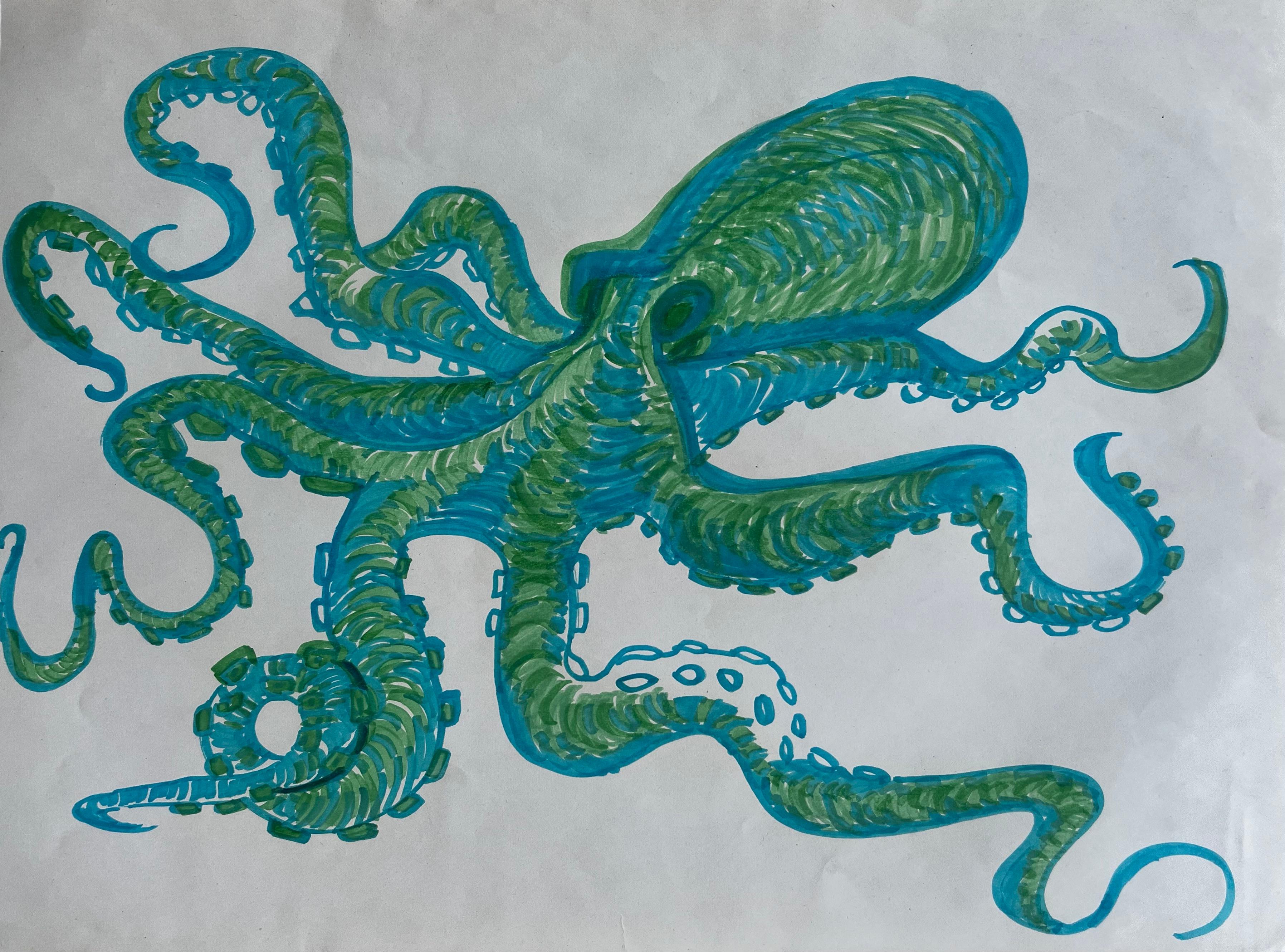 Vintage Octopus Illustration Marker Drawing Blue Green Marine Artwork