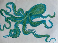 Vintage Pulpo Ilustración Rotulador Dibujo Azul Verde Arte Marino