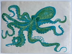 Vintage Pulpo Ilustración Rotulador Dibujo Azul Verde Arte Marino