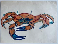 Vintage Crab Illustration Marker Drawing Blue Orange Marine Artwork