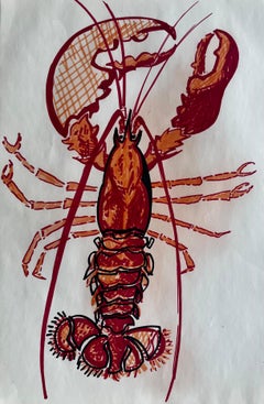 Vintage Lobster Illustration Marker Drawing Red Orange Marine Artwork