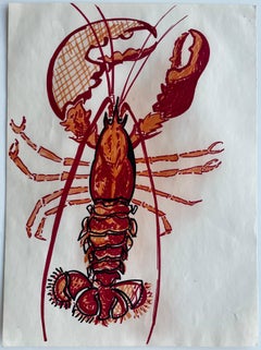 Vintage Lobster Illustration Marker Drawing Red Orange Marine Artwork