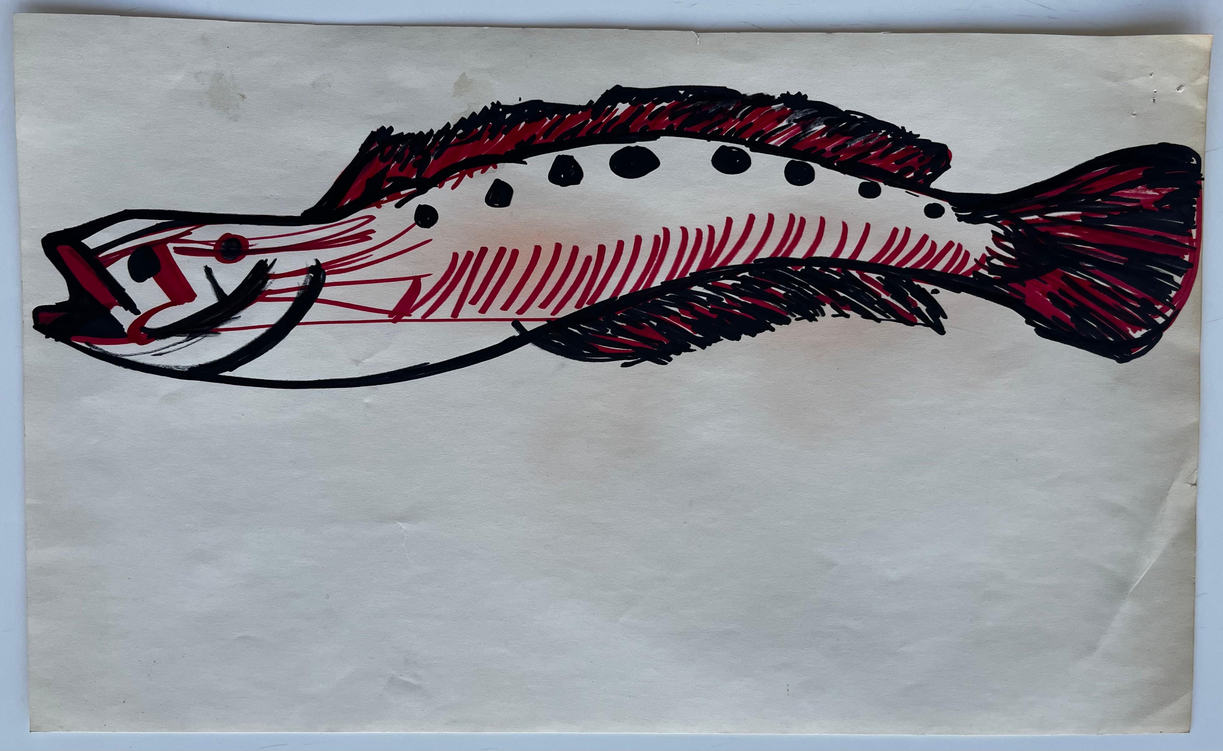 Unknown - Vintage Fish Illustration Marker Drawing Red Black Graphic ...