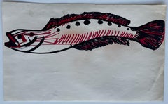 Vintage Ilustración Pez Rotulador Dibujo Rojo Negro Gráfico Arte Marino