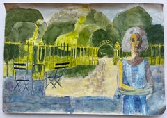 Figurative Garden Scene Woman Gate Watercolour Mid Century Style Painting