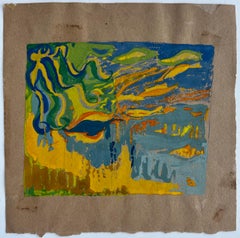 Paysage côtier abstrait Aquarelle Gouache Jaune Bleu Peinture moderniste