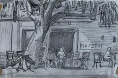 Paris Cafe Street Scene Graphite Drawing Seated Figures Tree Architectural Study