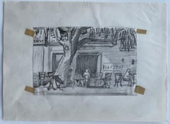 Paris Cafe Street Scene Graphite Drawing Seated Figures Tree Architectural Study