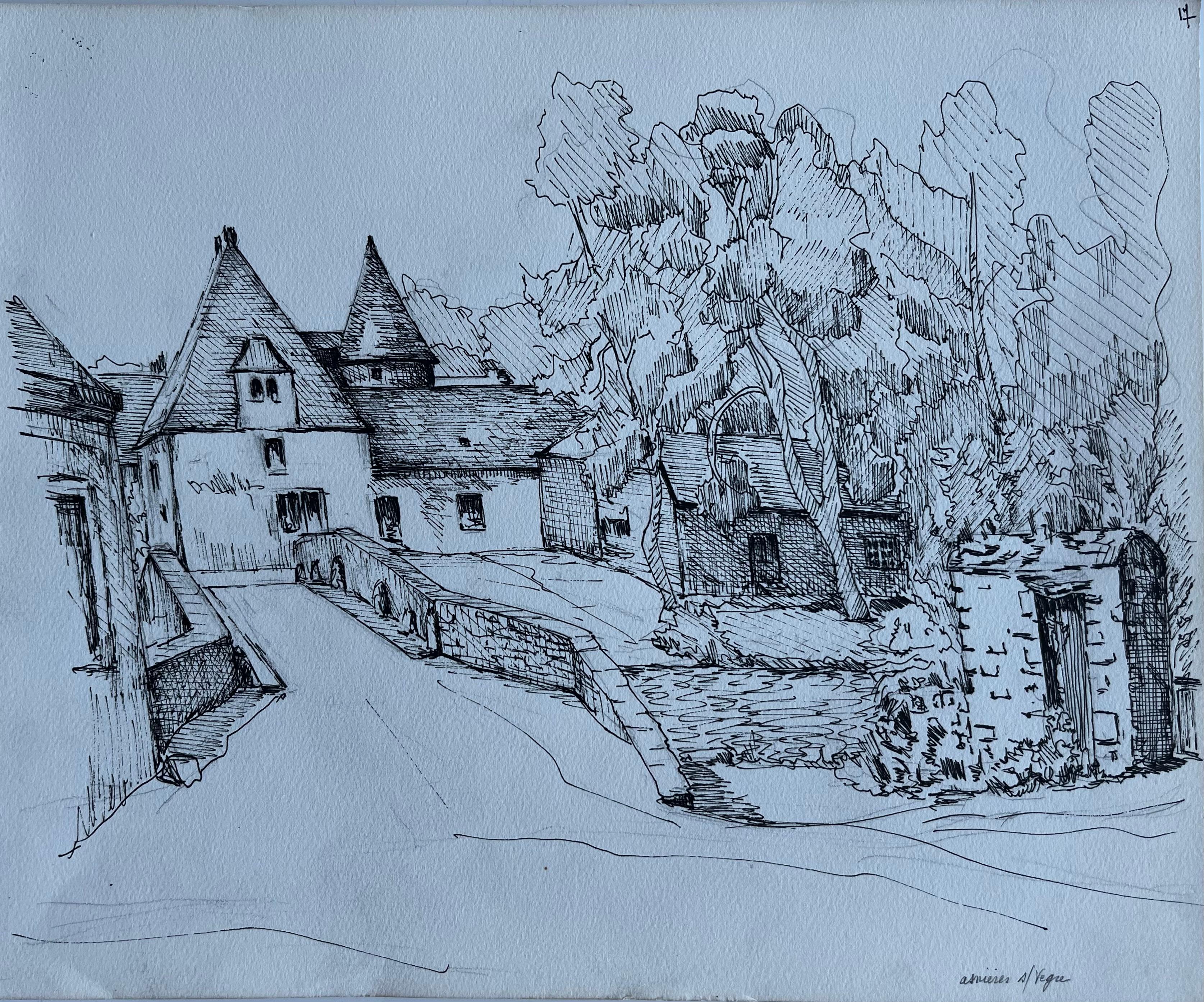 French Village Bridge Stone Houses River Ink Drawing Bernard Labbe