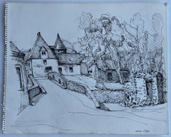 Pont de village français Maisons en pierre Rivière Dessin à l'encre Bernard Labbe