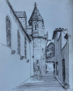 Tour de l'église de la rue du village français Architecture Dessin à l'encre Bernard Labbe