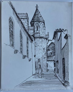 Tour de l'église de la rue du village français Architecture Dessin à l'encre Bernard Labbe